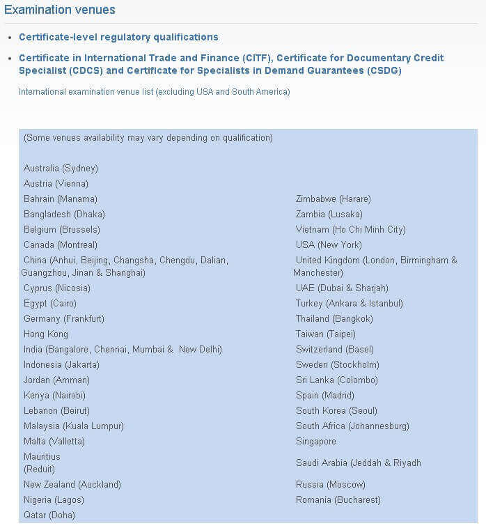  International CDCS examination venue list (excluding USA and South America)