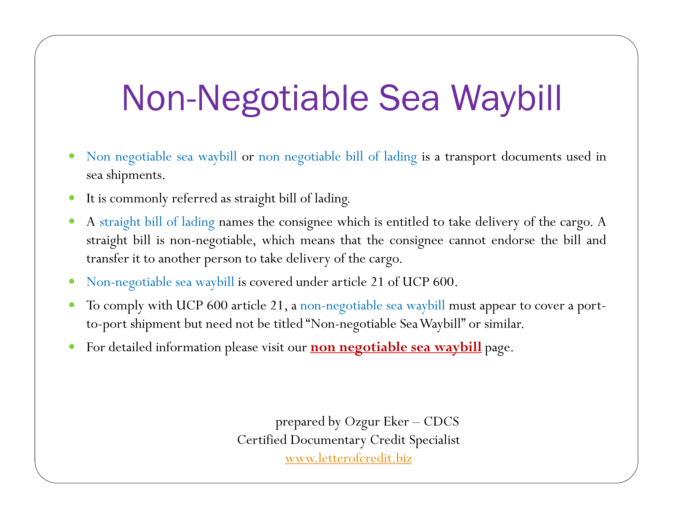 Non-Negotiable Sea Waybill