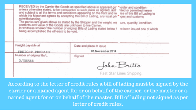 bill of lading not signed as per ucp 600 discrepancy