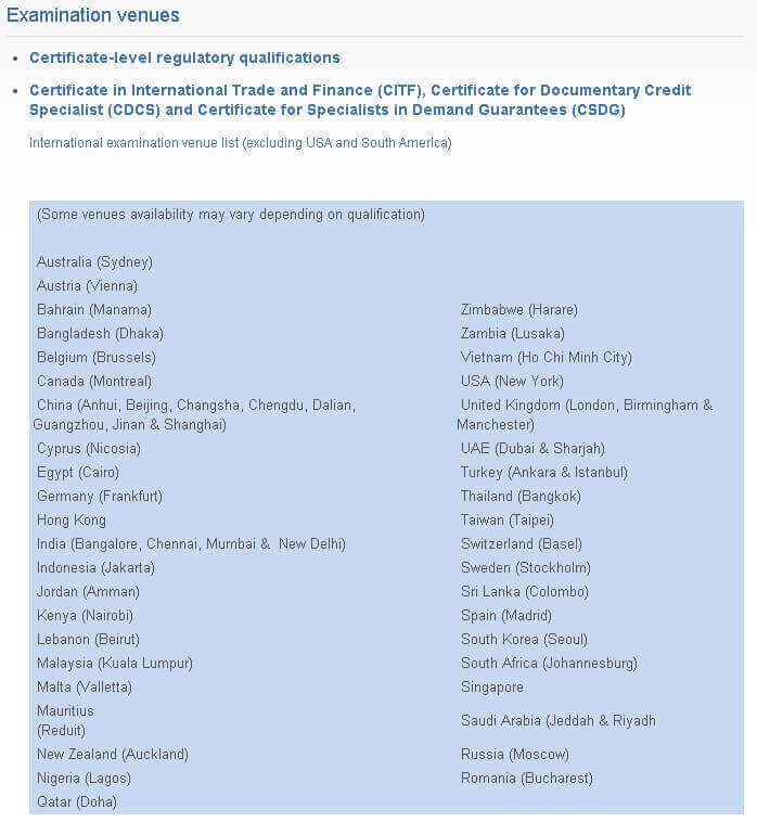  International CDCS examination venue list (excluding USA and South America)