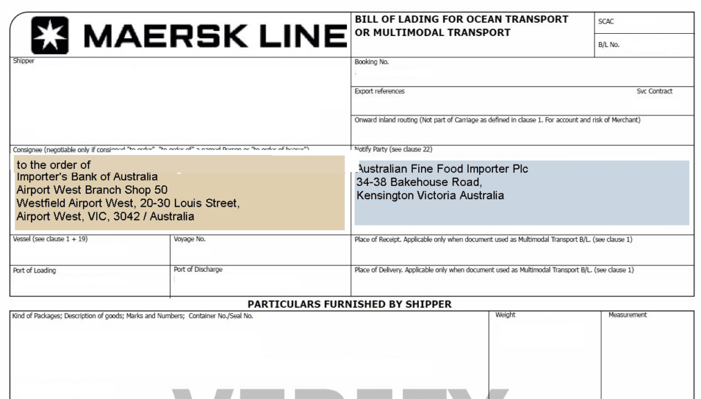 cash against documents consignee example on a bill of lading