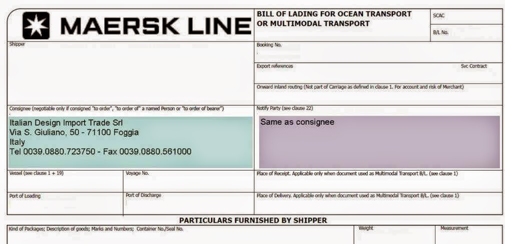 consignee example on a bill of lading under open account and advance payment 