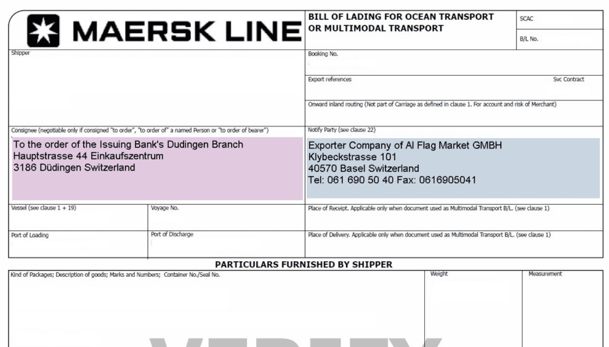 letter of credit consignee example on a bill of lading