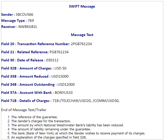 Sample MT 769 Advice of Reduction or Release