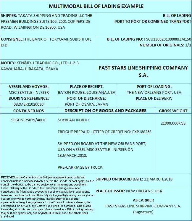 multimodal bill of lading